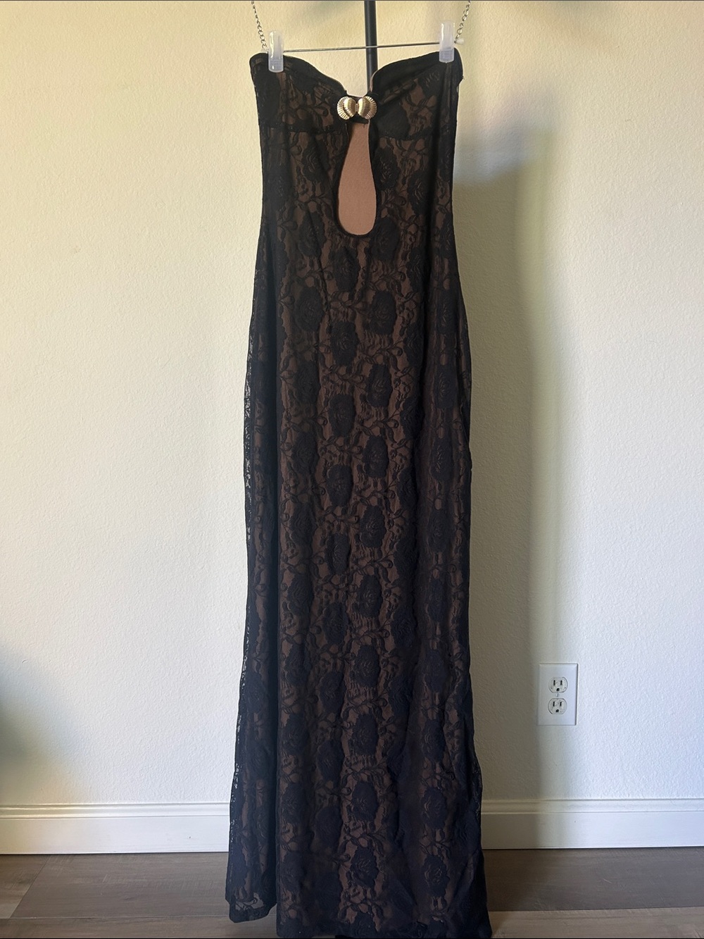 Tiger Mist Black Lace Maxi Dress with Gold Buckle